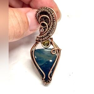 HAND CRAFTED Leland Blue Glass Wire Wrap Copper Pendant, Handmade Jewelry Gift